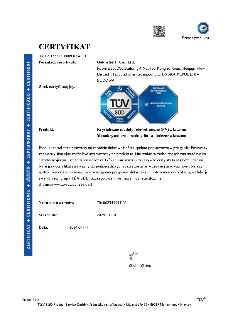 TÜV SUD Certyfikat amoniaku dla modułu dwuszybowego