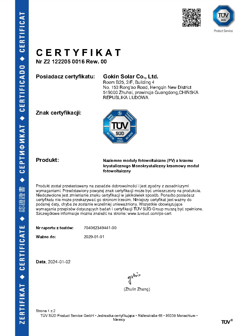 TÜV SUD Certyfikat dla modułu jednoszybowy