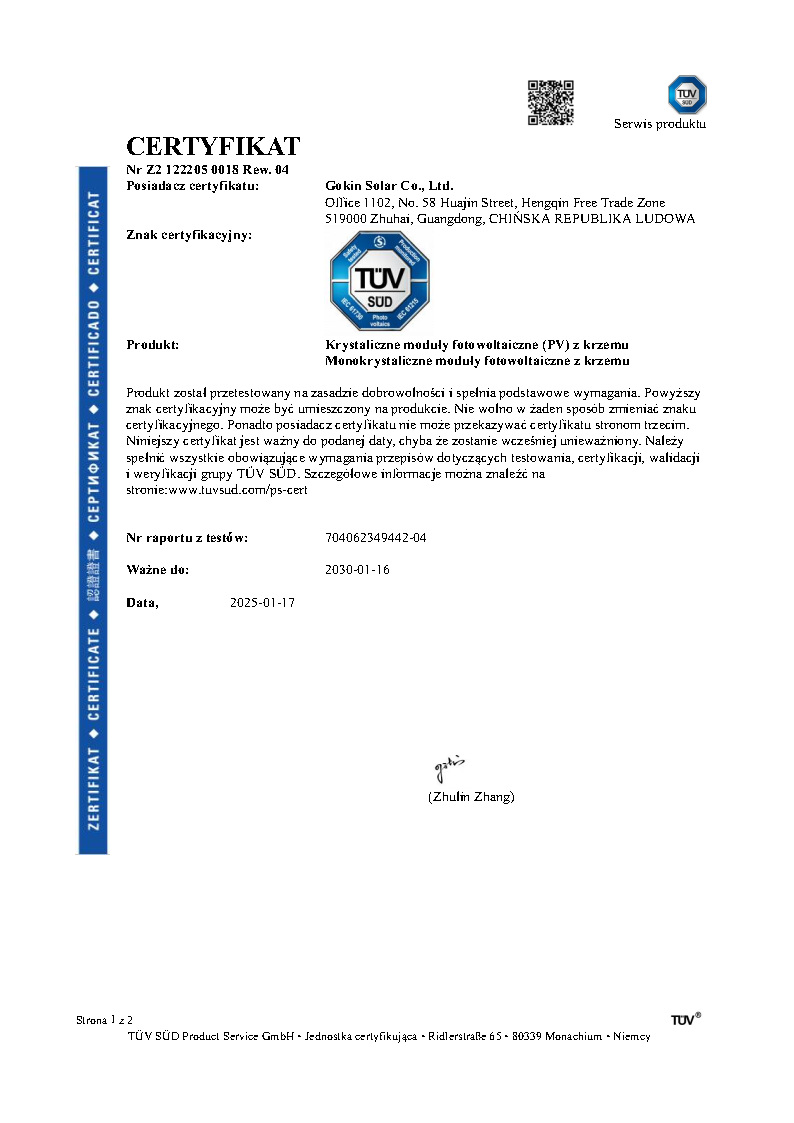 TÜV SUD Certyfikat dla modułu dwuszybowego