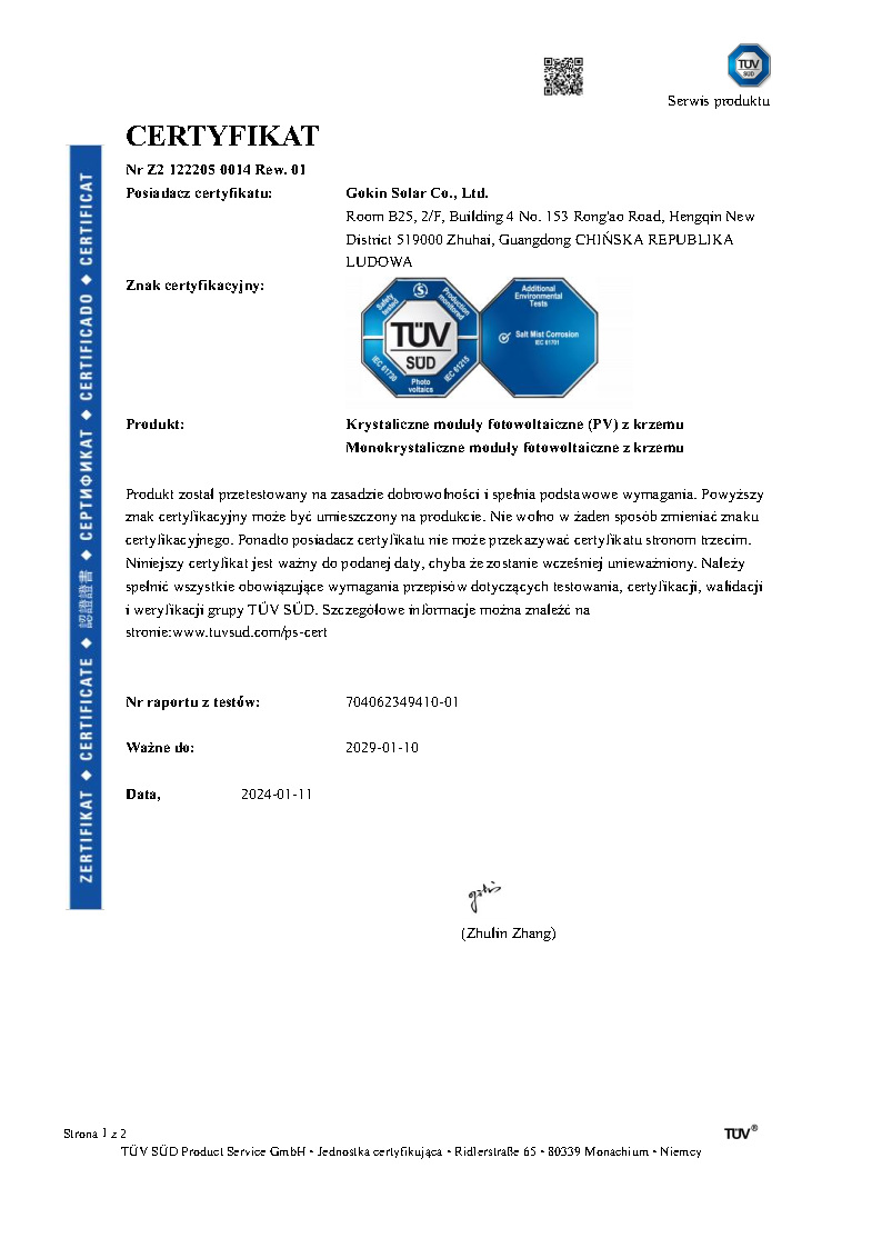 TÜV SUD Certyfikat mgły solnej dla modułu dwuszybowego