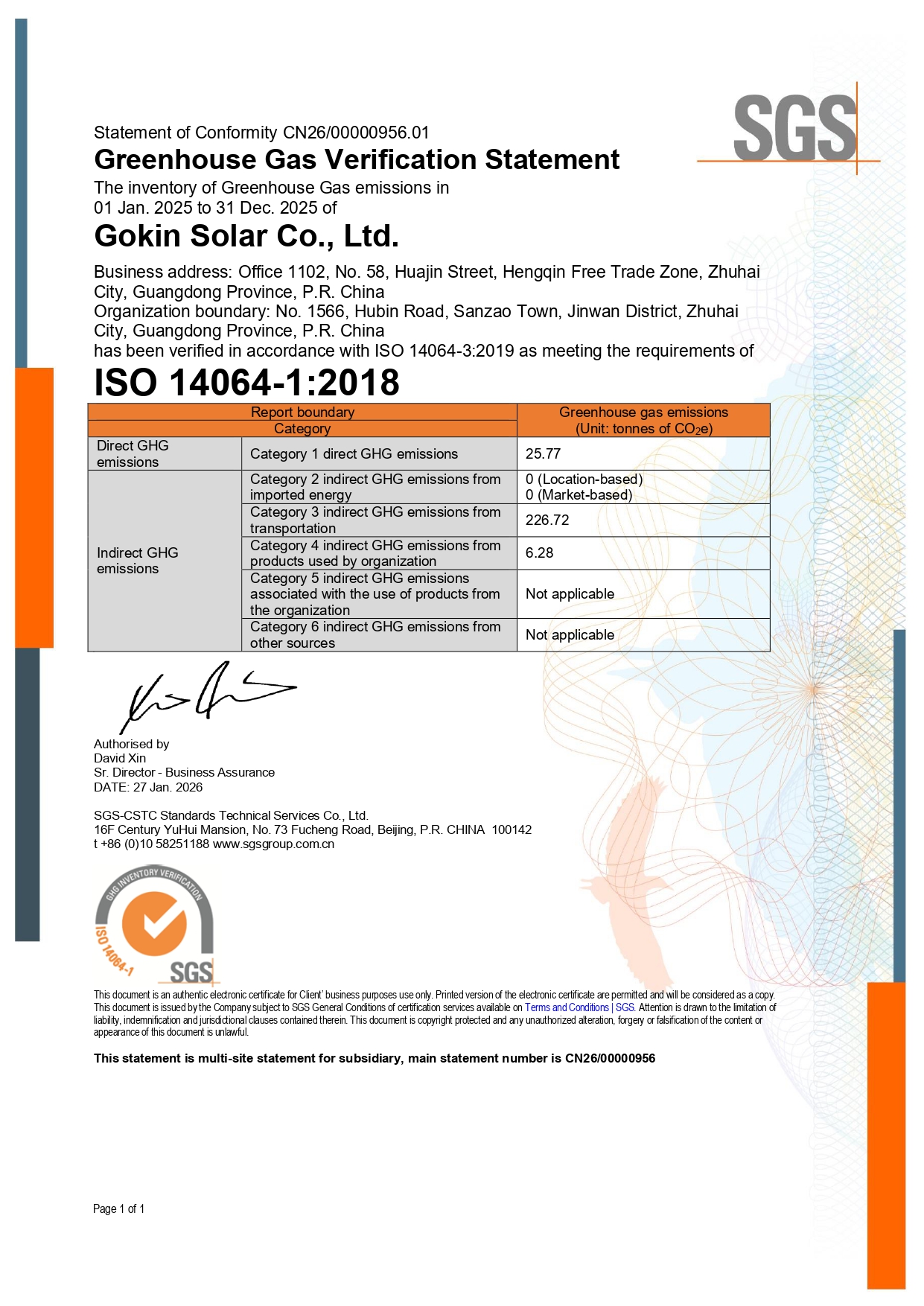 ZSN240229 - Gokin Solar Co., Ltd. Deklaracja weryfikacji gazów cieplarnianych