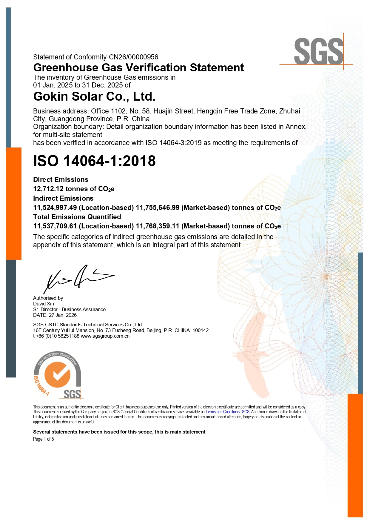 ZSN240229 - Gokin Solar Co., Ltd. Deklaracja weryfikacji gazów cieplarnianych - Cztery Bazy Przemysłowe